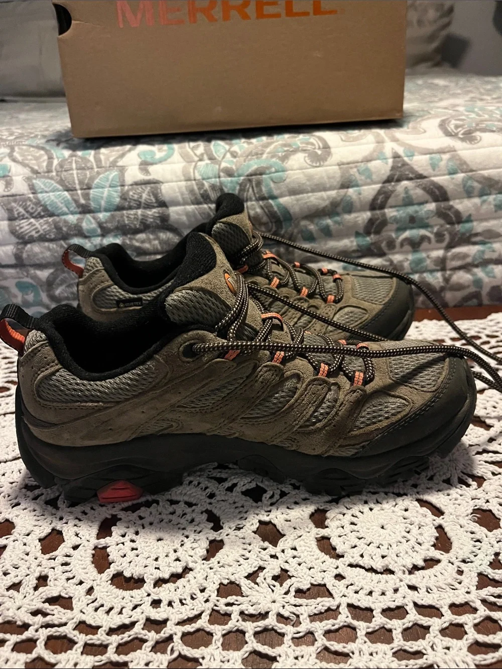 Merrell Moab 3 GTX Trail Shoes in Olive with Orange Accents
